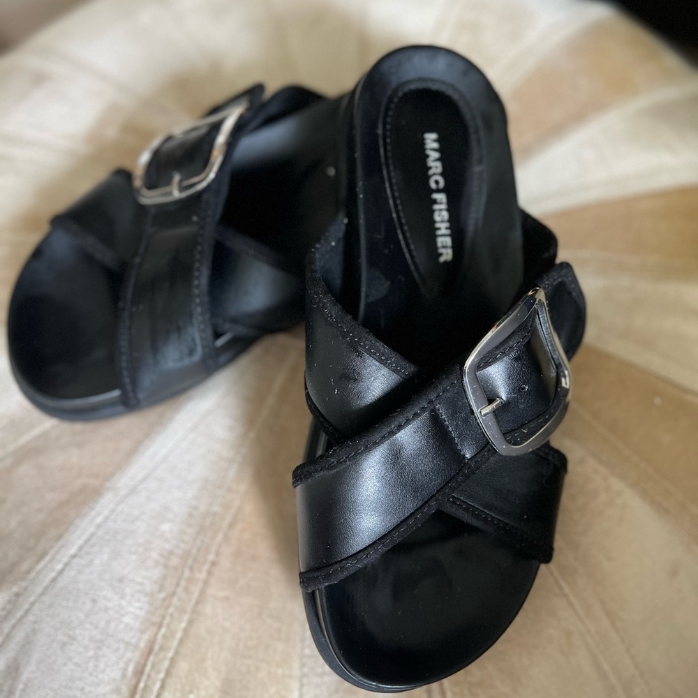 Marc Fisher Black Sandals with Silver Buckle